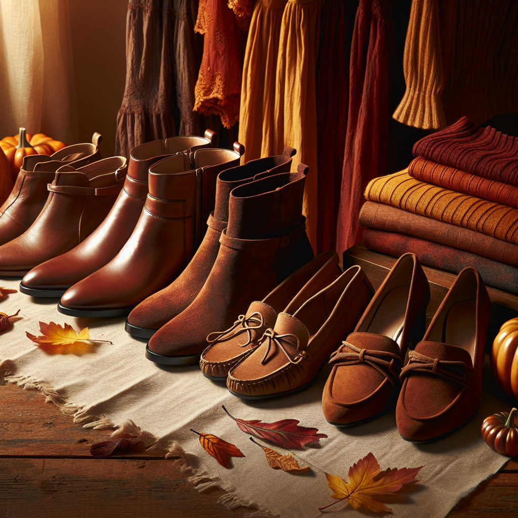 Must-Have Shoes for Fall Dresses: Perfect Mixer Picks A detailed still life showcasing an array of must-have shoes for fall dresses. This scene ideally includes ankle boots in brown leather, stylish moccasins in an earth-toned suede, and elegant pumps in deep autumn hues. Also include different types of fall dresses artistically arranged beside each shoe pair, encapsulating colours of deep orange, rustic red, and golden yellow. The background could be a lightly textured wooden table to evoke a cozy, autumnal atmosphere. The light source should be soft and come from one side, creating subtle shadows and a warm ambiance.