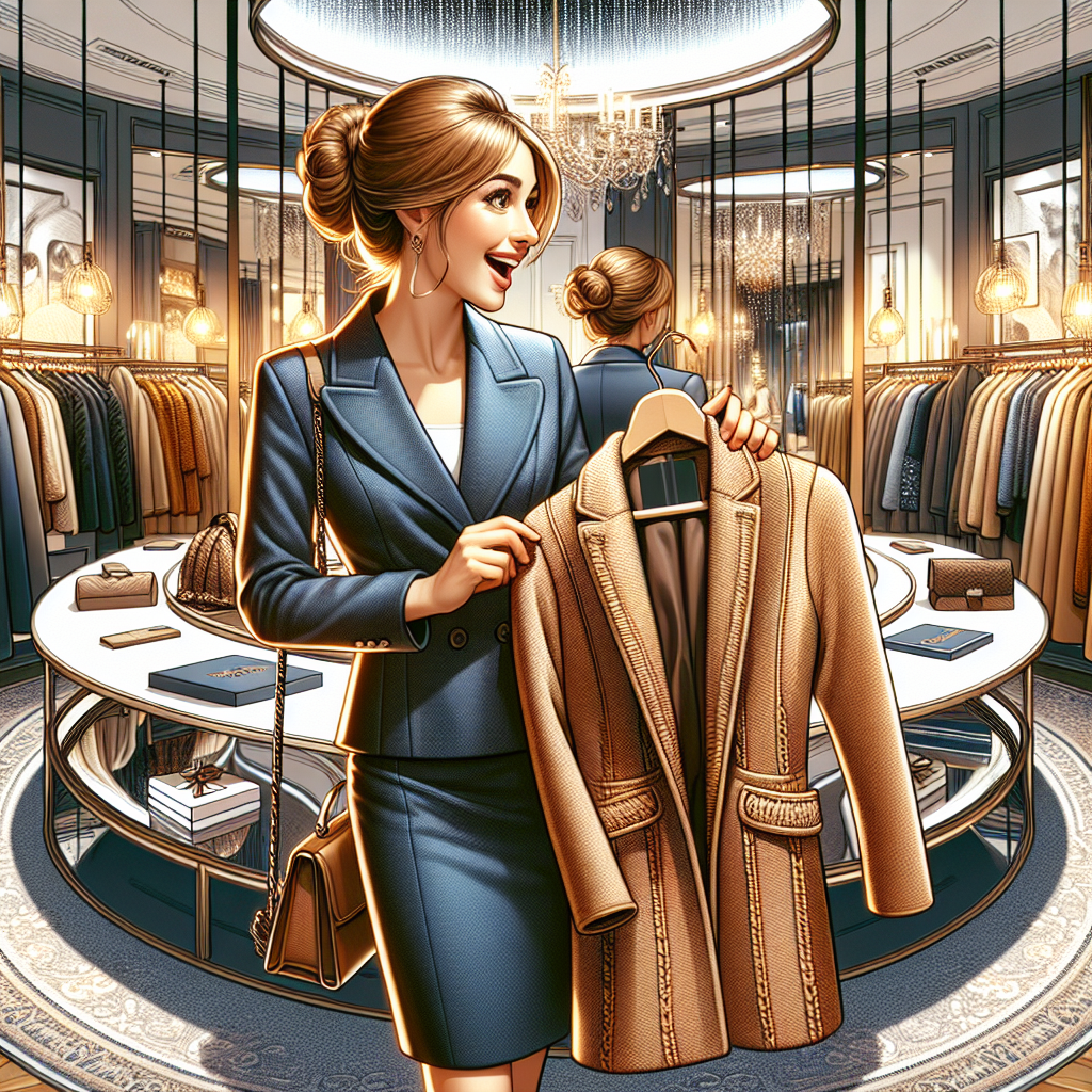 Find the Perfect Coat for Your Blazer Dress Now! An image illustrating a detailed representation of a shopping scenario. It showcases a Caucasian woman excitedly finding the perfect coat to pair with her classic navy blue blazer dress. She's in an upscale department store with luxurious coats hanging on circular racks resulting in a symmetrical arrangement. Reflections of warm artificial lights are bouncing off mirrors and glass surfaces creating an inviting ambiance. In the background, various designer labels are subtly visible. The woman has light brown hair styled in a loose bun, and she's holding a medium-length tan coat with intricate stitches lining the edges.