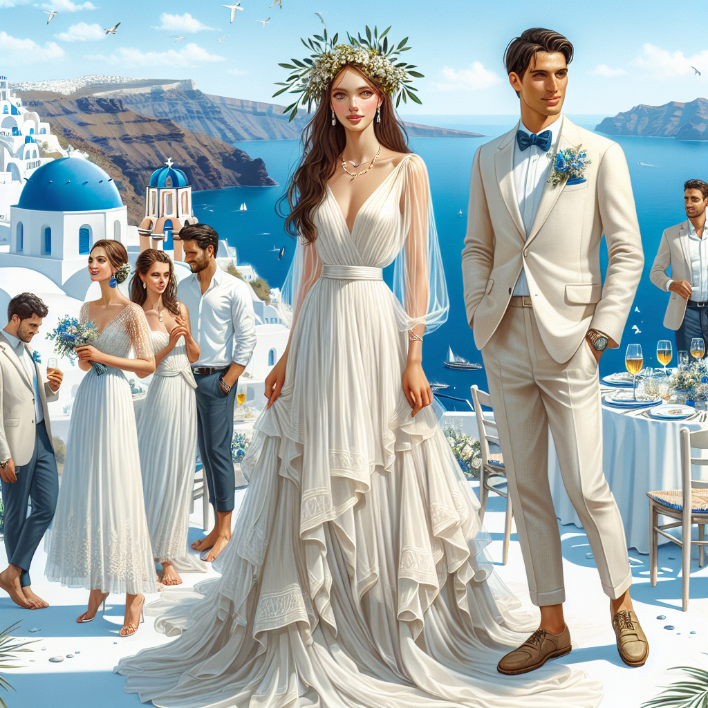 Stunning Santorini Styles: Effortless Wedding Attire Guide Imagine the scene of a bountiful Greek island wedding on the idyllic island of Santorini. Use bright whites and dazzling blues reminiscent of the island's signature architecture. Show a Caucasian bride in an elegant yet effortless Grecian-style gown, flowing with layers of airy fabric, complemented by a dainty wreath of olive leaves in her hair. A Middle-Eastern groom, looking dapper in a cream linen suit and a simple blue boutonniere. Throw in some guests from diverse descents like Hispanic, Black, and South Asian, all dressed splendidly for the sun-kissed occasion. The backdrop should be the breathtaking sea views and the iconic blue-domed buildings of Santorini.