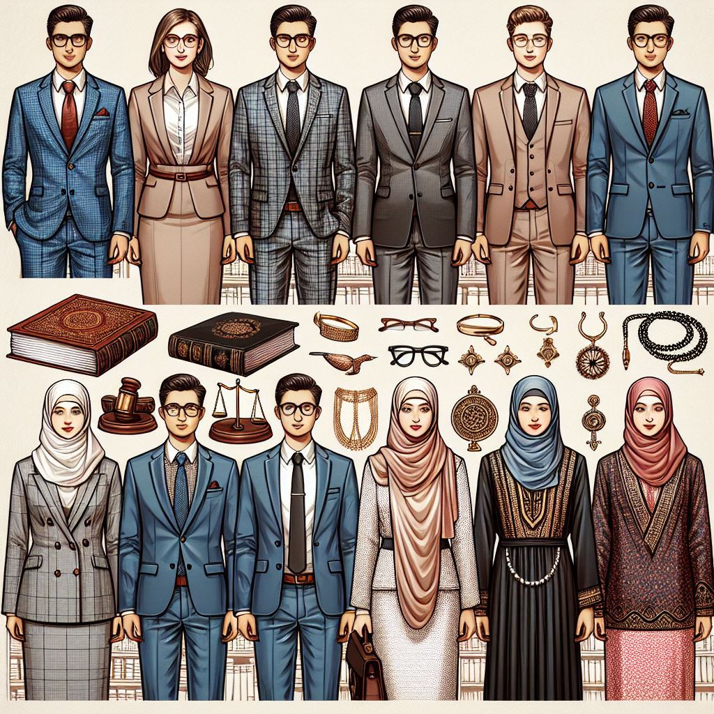 Ace Your Look: Must-Have Outfits for Sentencing Hearings Show an image providing a style guide for professional court attire. The image should showcase a variety of gender-neutral, high-quality, formal wear such as tailored suits, modest dresses, and skirt-blouse combinations. Include clothes from different cultures, such as dashikis, baju melayus, and kimonos, reflecting the ethnic diversity like Caucasian, Hispanic, Black, Middle-Eastern, South Asian. It should give the vibe of seriousness, decorum, and respect. Accessories may include glasses, watches, neckties, and brooches but they should be minimal and not overly flashy. Background can include a law book or courtroom.