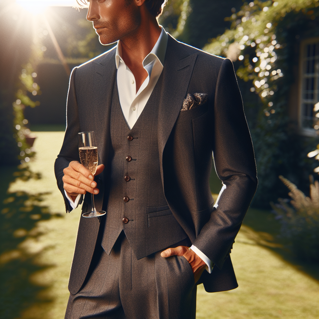 Stunning Wedding Guest Attire for Men: Effortless Elegance An elegant Caucasian man standing in a sunlit garden. He is in his late 30s, with neatly trimmed brown hair. His clothing is a well-tailored, charcoal grey three-piece suit, worn without a tie for a modern and relaxed look. He pairs his suit with a crisp, white, button-down shirt. A patterned pocket square and cufflinks add a personal touch to his attire. In one hand, he holds a champagne glass filled with bubbly. His other hand casually rests in his trouser pocket, giving off an air of effortless elegance. This represents the perfect example of stunning wedding guest attire for men.
