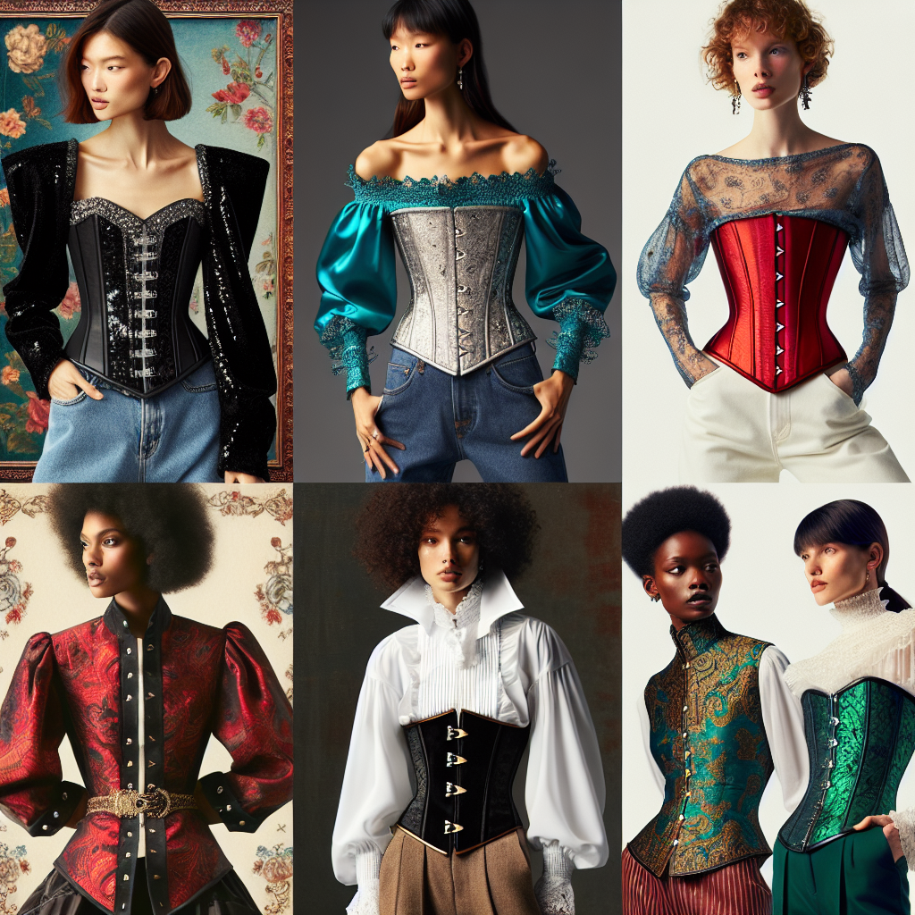 An assorted collection of stylish corset tops in a variety of colors, fabrics, and designs. One design showcases a black, rich velvet corset top with silver sequin details, paired with high-waisted jeans. Another focuses on a brilliant red satin corset top, accentuated with delicate lace trims, worn over a white pirate blouse with ruffles. A third presents a bold, emerald green brocade corset top with a high collared white Victorian blouse underneath. Each corset top is modeled by a professional model: a Caucasian woman, an Asian woman, and an African American woman respectively, all exuding confidence and style.