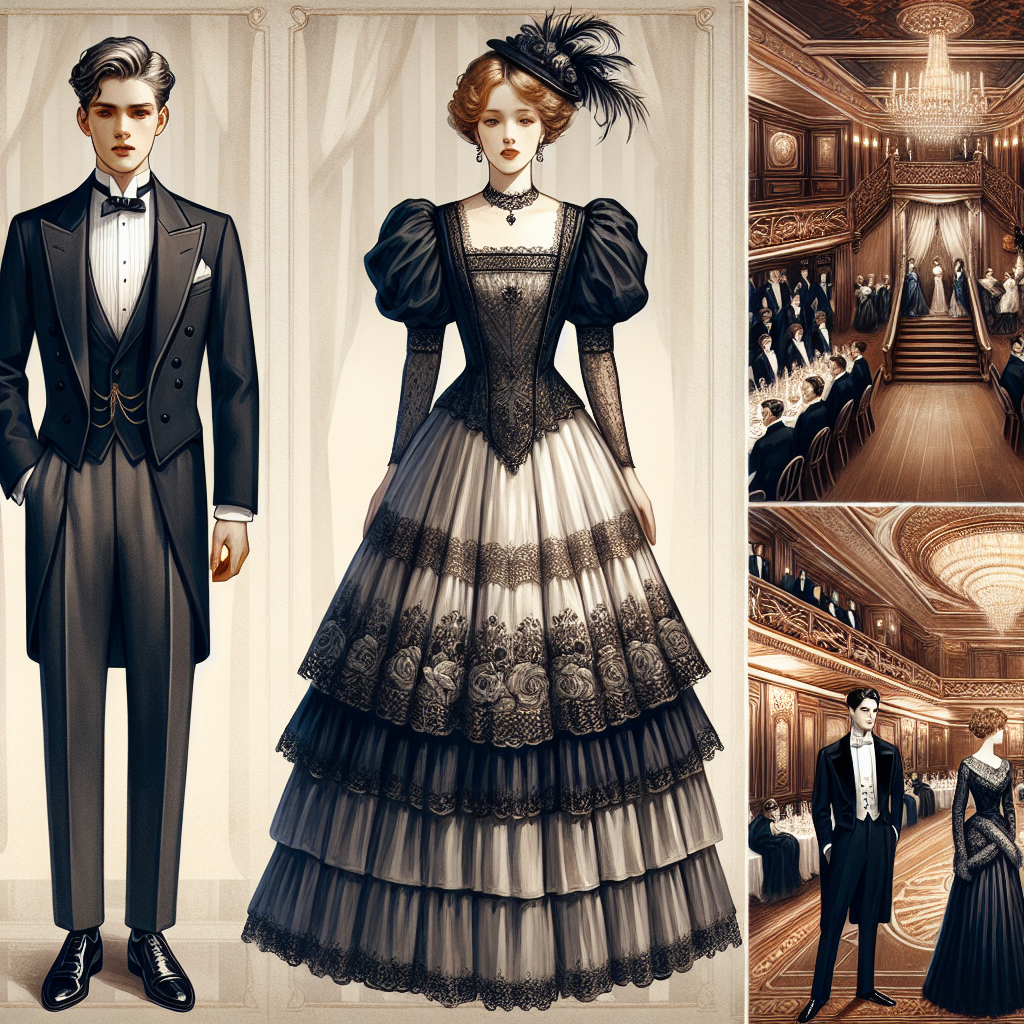 Stunning Outfits for Your Titanic Themed Gala A selection of elegant, early 20th century clothing appropriate for a Titanic themed gala. Highlight two standout ensembles: First, for a man, a black tuxedo with a crisp white shirt, polished shoes, and a black bowtie, representative of classic Edwardian era fashion. Second, for a woman, a long, multilayered silk gown with delicate lace details, puff sleeves, an empire waist, and accessorized with a feathered headpiece. Include a glimpse of the venue in the background depicting opulent grandeur reminiscent of the Titanic's lavish interiors, with a grand staircase, chandeliers, and rich wood paneling.