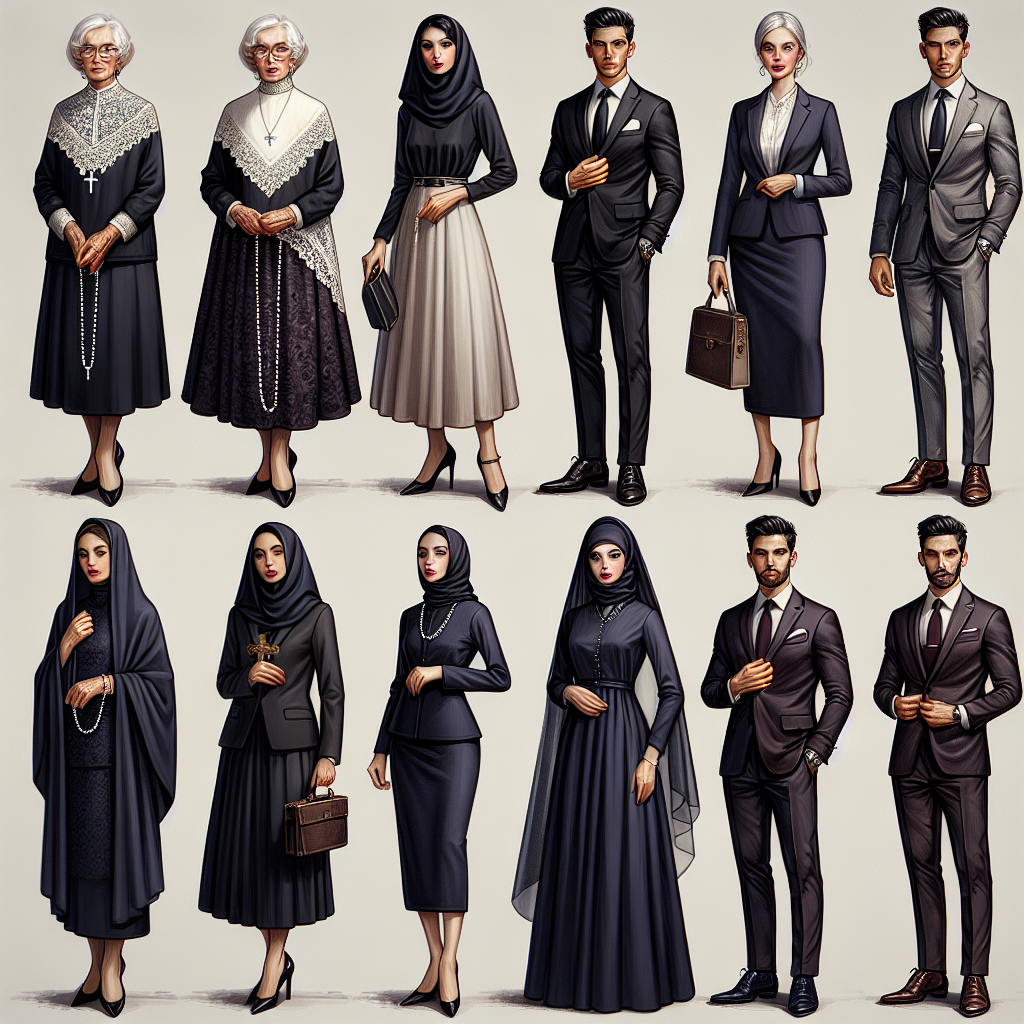 Visualize an array of elegant and effortlessly stylish outfits suitable for a Rosary service. Show a diverse group of people showcasing various attires, reflecting differing personal styles yet adhering to the solemn mood of the occasion. First, an elderly Caucasian woman in a sophisticated black dress that falls to mid-calf, accessorized with a lace scarf and pearls. Next, a young Asian man in a tastefully tailored ebony suit with a white pocket square. Thirdly, a Middle-Eastern woman in a respectful long-sleeved navy blue attire, complemented with a matching headscarf. Lastly, a Black man in a charcoal-gray suit coupled with a burgundy tie.