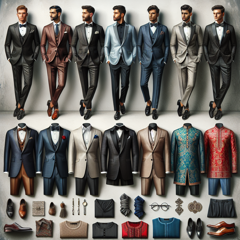 What to Wear to a Wedding Reception: Men’s Stunning Picks A visualization of an assortment of stunning men's attire suitable for a wedding reception. Showcase a variety of styles from elegant to modern to suit a range of personal tastes. The image should center around a mood board with representations of a classic black suit, a casual but stylish blazer with chinos, a sharp tuxedo, and a vibrant ethnic kurta. Additional elements can include accessories like a silk tie, cufflinks, a pocket square, and leather shoes. All attire represented should originate from different ethnic backgrounds, for example, a Hispanic man in a tuxedo, a Caucasian man in a classic black suit, a Black man in the stylish blazer with chinos, and a South Asian man in a vibrant kurta.