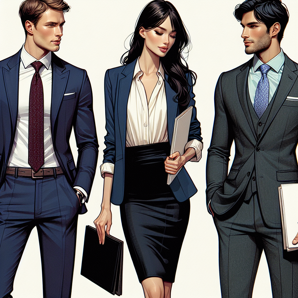 A detailed image showcasing three different outfits suitable for interviews. To the left, a Caucasian man is donning a classic navy blue suit with a crisp white shirt, adorned with a dark red tie. At the center, a Hispanic woman is gracefully wearing a black pencil skirt combined with a cream blouse and a sapphire blue blazer. To the right, a Middle-Eastern man is impressively dressed in a charcoal grey, slim-fit suit with a pastel collared shirt. They all carry portfolios in hand and have confident expressions, eager to make a stunning first impression at their interviews.