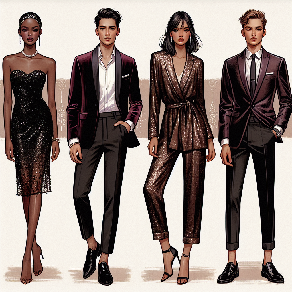 Must-Have Styles for Your Hollywood Party Look Create a picture showcasing latest fashion trends perfect for a glamorous gathering. The image should consist of four individuals each presenting a different opulent party outfit style. On the far left, depict an African descent woman, elegantly outfitted in a classic black sequin dress with her hair in a stylish sleek bob. Next to her, illustrate an Asian descent man displaying a polished look in a burgundy velvet jacket, white shirt and black trousers. In the center, represent a Caucasian descent woman stunning in a gold metallic jumpsuit and a chic updo hairstyle. Lastly, on the right end, embody a Hispanic descent man looking dapper in a tailored black suit with skinny tie and stylish semi-formal shoes.