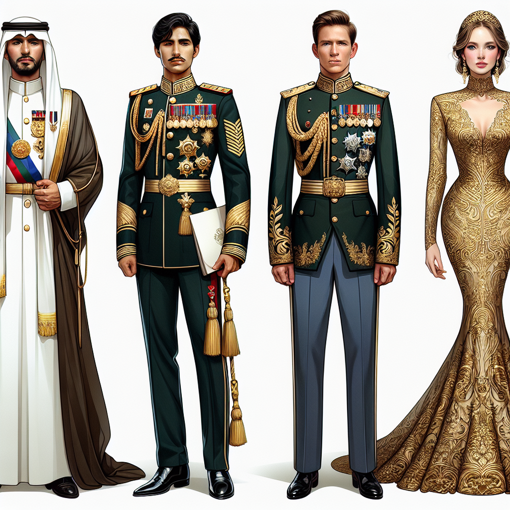 Stunning Outfits for Military Ceremonies: Exquisite & Respectful Illustrate four individuals in stunning, respectful attire suited for military ceremonies. The first individual is a Middle-Eastern male wearing a traditional military uniform with distinguished medals and golden badges. The second is a Caucasian female dressed in a formal military dress with subtle embroidery and high-ranking insignia. The third person is a Hispanic male, adorned in an elegant military suit reflecting high rank and prestige. And the fourth is an Asian Woman wrapped in an exquisite military ceremonial dress, head held high with pride. Their outfits exhibit a balance of elegance and respect towards military tradition.