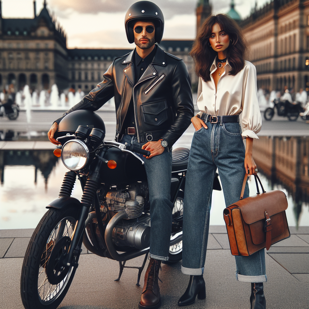 Motorcycle Date Outfits: Stunning, Effortless Style Picks A stylish pair on a motorcycle date, showcasing fashionable and effortless outfits. The man, of South Asian descent, is donned in a sleek black leather jacket, a pair of dark jeans, and sturdy brown boots. He wears a matte black helmet and a pair of sunglasses. The woman, of Middle Eastern descent, exhibits a casual chic style with a relaxed white blouse, high-waisted blue jeans, and black ankle boots. She carries a tan leather satchel bag and sports a white helmet. Their vintage motorcycle stands majestically, reflecting the backdrop of a bustling city at sunset.