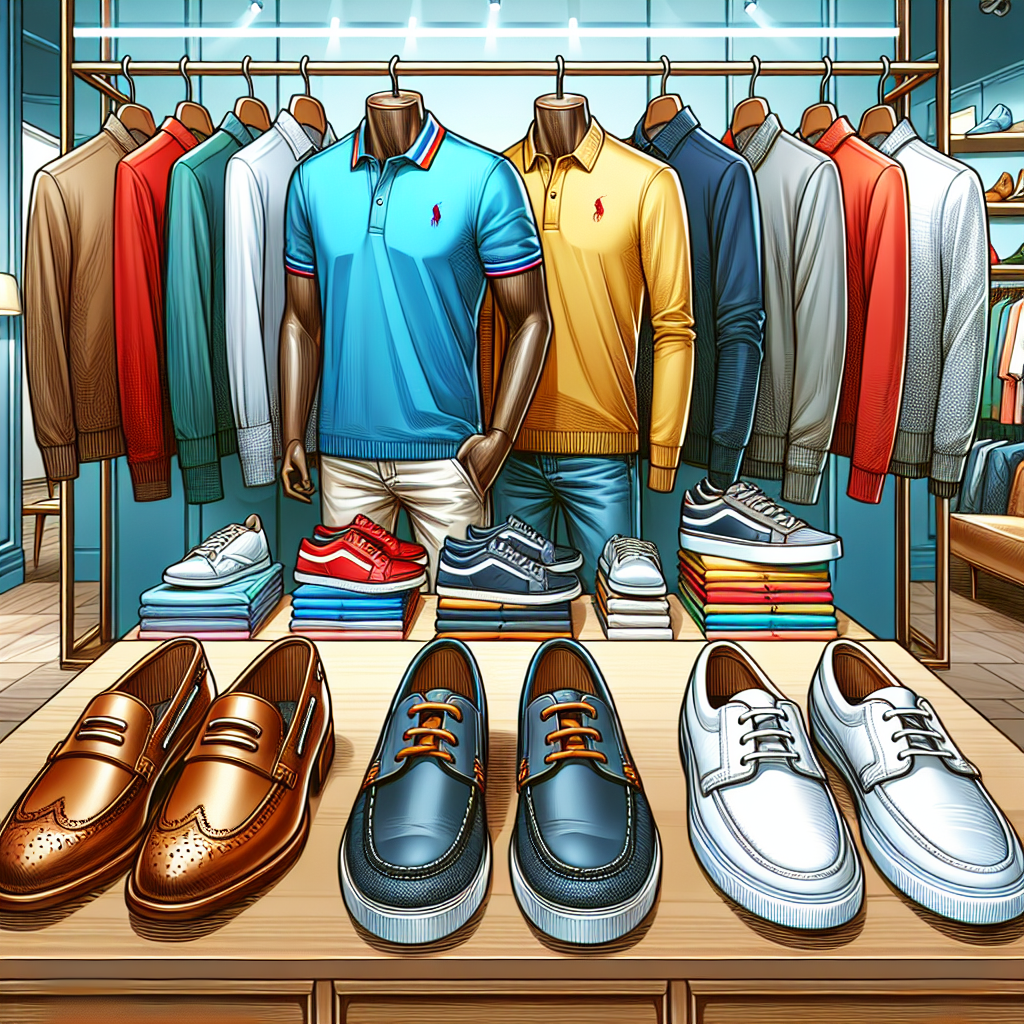 Create an illustration of a clothing showcase. In the scene, show several pairs of trendy shoes in various styles and materials such as loafers, sneakers, brogues, and boat shoes. These shoes should be placed in the foreground on a wooden shelf. On the background, include multiple polo shirts hung neatly, in a plethora of vibrant colors like blue, red, yellow, and white. The shirts are characterized by their unique collar and button-up style. Set the scene in a brightly lit, classy store setting with a large mirror on a side, reflecting the dynamic arrangement of the clothes.