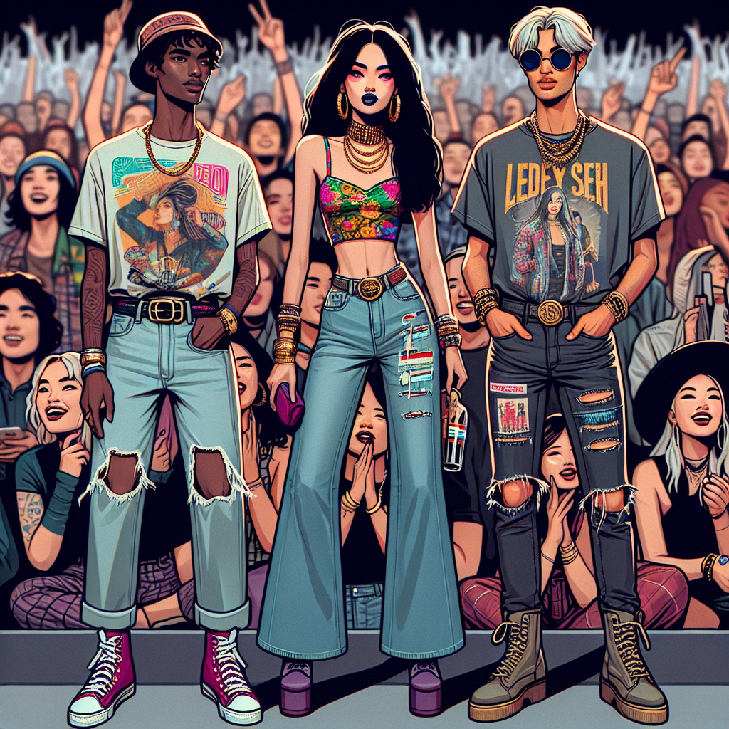 What to Wear to a Post Malone Concert: Trendy, Must-Have Outfits Imagine a lively concert scene, packed with eager music fans. Focus on three concert-goers, each flaunting their eclectic and trendy fashion. Each of these fans has an individual style and reflects diverse backgrounds. An Asian male is donning a streetwear-inspired outfit, consisting of an oversized graphic tee, distressed jeans, and high-top sneakers. Next to him, a Black woman shines in her chic ensemble including a vibrant crop top, flared jeans, and chunky gold jewelry. A little further away is a Middle-Eastern man, rocking a grunge look with a distressed band t-shirt, ripped black jeans, and moto boots. All three are encapsulating the laid-back yet fashion-forward vibe typically found at a contemporary pop music concert.