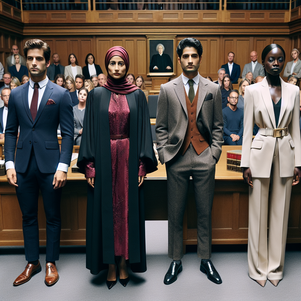 Dress to Impress: Stunning Court Outfits for Speeding Tickets Imagine the inside of a bustling courtroom. The judge at the front is a middle-aged Middle-Eastern woman, in her stately black robe. Four individuals are present, each wearing a distinct, impressive outfit. The first is a young Caucasian man in a tailored navy-blue suit, the second is an elegant South Asian woman in a chic, maroon business dress, the third a Hispanic man in a sharp charcoal grey blazer and khaki trousers, and the last is a Black woman attired in a fashionable ivory pantsuit. The color-coded outfits, quality of the materials, and the individual’s confident stances evoke a highly professional air.