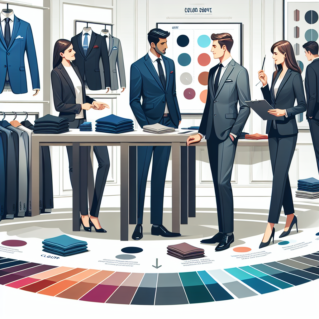 Find Your Perfect Interview Color: Exclusive Tips A professional attire shopping guide aimed at preparing for job interviews. Display an array of suit options in different colors, such as navy blue, charcoal grey, and black, positioned in a crisp, well-lit clothing store. Also, include color swatches with warm and cool shades. Showcase a Caucasian woman browsing through the suits, a Middle-Eastern man discussing color options with a Hispanic store assistant, and a South Asian person examining the color swatches. Include tips and advice scattered around the image in stylish fonts, linking colors to different industries and job types.
