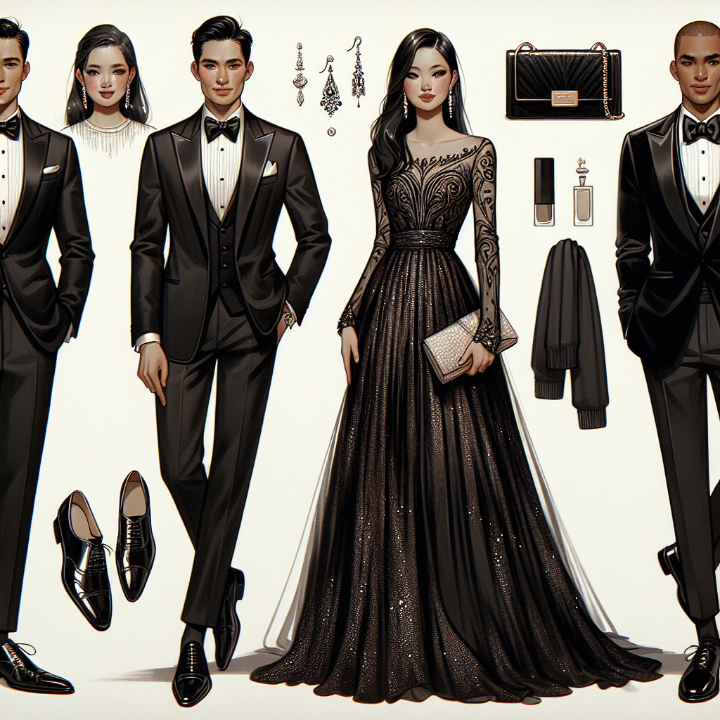A visual guide illustrating suitable attire to wear to a black-tie wedding. The image showcases a well-dressed man of Hispanic descent in a fitted tuxedo with peaked lapels, a black bow tie, a white dress shirt, and patent leather shoes. Next to him, a South Asian woman elegantly dressed in a sophisticated floor-length evening gown in a rich hue, with delicate earrings and a stylish clutch. Also, a Caucasian male in a black velvet dinner jacket, matching trousers, a bow tie, and highly polished oxfords. Lastly, a black female in an equally glamorous long, sequined chiffon gown, with statement jewelry and a refined handbag.