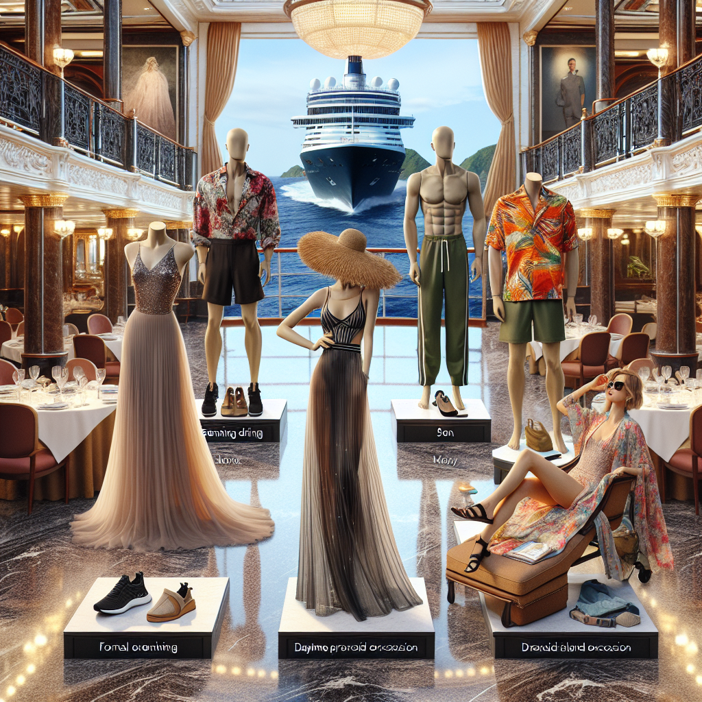 Must-Have Outfits for Your Royal Caribbean Cruise Imagine a collection of must-have outfits for a cruise aboard a grand, luxury ship. Think about a variety of settings and events: a formal evening dining setting featuring a long, elegant dress with sequins for a sophisticated woman; a daytime private island excursion outfit portraying a man with a brightly colored Hawaiian shirt, khaki shorts and a straw sunhat; an athletic woman dressed in a sleek workout gear while taking advantage of the onboard fitness amenities; and finally, a casual sundress with floral prints for a woman enjoying a quiet reading session on the sun deck. Visualize all these outfits on mannequins aligned on a glossy marble floor, with the backdrop of a stately, royal ship interior having grand chandeliers and velvet curtains.
