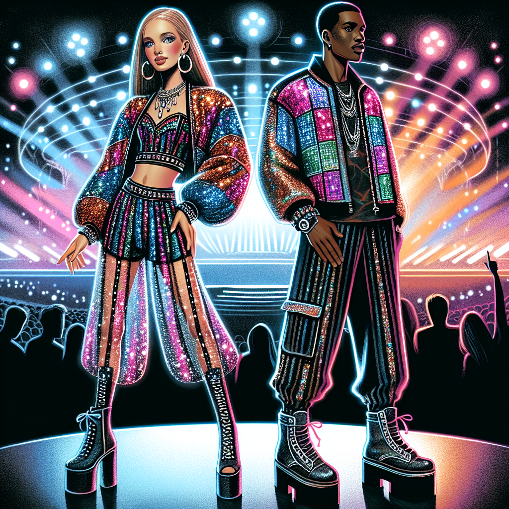 Stunning Concert Styles: Dress to Impress at Rufus Du Sol An illustrative style depiction of two individuals dressed in eye-catching concert attire prepared for a night of music. The first person, a caucasian woman, is seen in a vibrant, sequined two-piece ensemble with matching platform shoes, completed with a statement necklace. Beside her, a black man sports a trendy jacket with metallic accents, a matching hat, and edgy boots. In the background, colorful lights and pulsing energy hint at the upcoming concert. Although the concert's name or artist is to remain undisclosed, the intention is to evoke the feel of a mesmerizing nighttime music event.