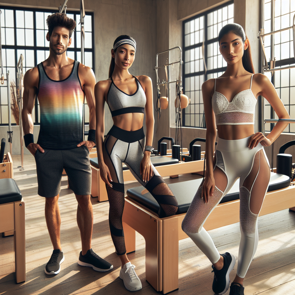 Visualize a scene set in a spacious, well-lit Pilates studio. In the forefront are three fitness enthusiasts ready for a Reformer Pilates class. There's a Hispanic woman in a bright, colourful sports bra, matching leggings, and a trendy headband. Next to her is a Caucasian man in a black tank top, grey shorts, and sporty wristbands. Lastly, a South Asian woman stands confidently in an elegant white yoga set with a stylish mesh detail. The Pilates reformer machines are seen in the background. The scene exudes vigor, grace and effortless style. 