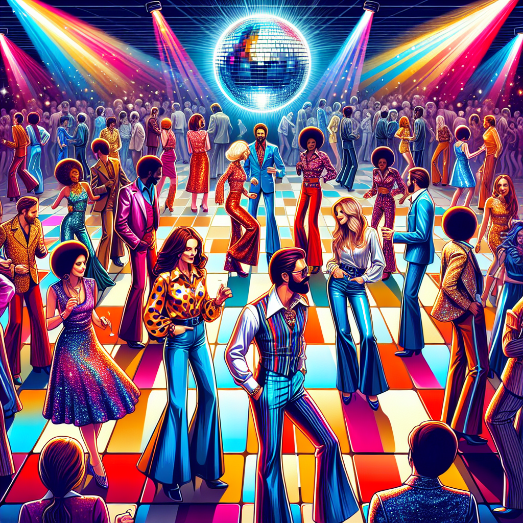 Disco Party Style: Must-Have, Effortless Looks An energetic and vibrant depiction of a retro-themed disco party. The view is filled with people of different descents such as Caucasian, Black, Hispanic, Middle-Eastern and South Asian, each representing an effortless, stylish look. Men and women are seen wearing iconic disco-era outfits - flared pants, sequined dresses, high collared shirts, and glitzy accessories. The dance floor is illuminated by multi-colored lights from a sparkling disco ball, casting an array of psychedelic hues on the crowd. Everyone is thoroughly engrossed in the music, grooving to the beat in a harmony that encapsulates the very essence of a disco party.
