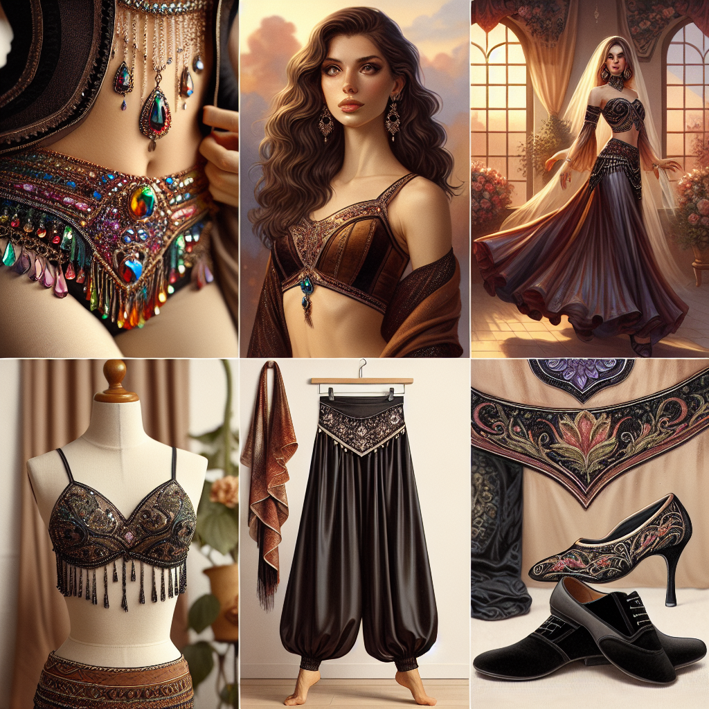 An inspired guide on what to wear to a belly dance class. The image includes a collection of stunning options assorting diverse apparel for the dance class. Picture a glistening jewel-toned belly dance belt on a young Hispanic woman, a flowing silk veil draped over a Caucasian woman's shoulder, and a pair of high-quality black dance shoes, worn by a Middle-Eastern man. In the background, there are beautifully embroidered harem pants displayed on a mannequin. All these elements are artfully arranged in a warm, inviting dance studio, concluding an emotional essence of the Middle Eastern dance's rich aesthetic.