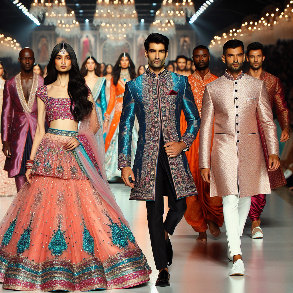 Must-Have Outfits for Sangeet Guests: Stunning Choices! Imagine a beautiful fashion show displaying an array of must-have outfits for Sangeet guests. The runway is filled with models showing off the stunning choices. An Asian woman struts in a pink and turquoise lehenga embellished with sparkling sequins. Close by, a Black man models an elegant sherwani in royal blue adorned with gold embroidery. Following him, a Middle-Eastern woman showcases a vibrant orange and gold saree that accentuates her beauty. Lastly, a Hispanic man walks confidently in a traditional white kurta paired with a richly embroidered Maroon Nehru jacket. The scene is brimming with color and cultural richness, truly a feast for the eyes.