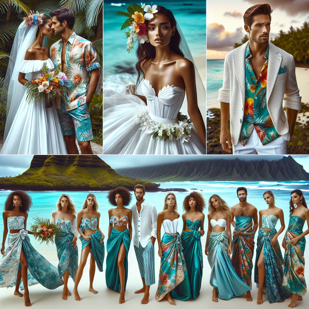 Stunning Outfits for a Hawaiian Wedding: Find Your Match! A fashion spread showcasing stunning outfits suitable for a Hawaiian wedding. The first image should capture a woman of Hispanic descent in a flowing, white, tropical-print wedding gown, garnished with exotic flowers. The next image should portray a man of Caucasian descent in a lightweight linen suit, with a colorful aloha shirt underneath. Also, include a group of bridesmaids, a mix of women from different descents such as Black, Middle-Eastern, and South Asian, each dresses in sarongs in varying shades of turquoise and teal. Use this scene to portray the vibrant and luscious setting of a Hawaiian beach wedding.