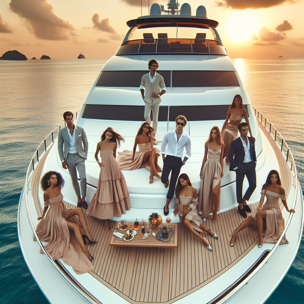 Exclusive Yacht Party Styles: Effortless Elegance A luxurious yacht is anchored under the warm glow of a setting sun in the tropical open sea. On the yacht deck, there are about ten individuals - five women and five men. A diverse group, with people of Caucasian, Hispanic, Black, Middle-Eastern, and South Asian descents. They're all immaculately dressed in effortless yet elegant party outfits—flowy sundresses, tailored suits in light shades, polished loafers, and charming accessory pieces. The overall scene could be described as an amalgamation of elegance, luxury, and the relaxing serenity of the sea.