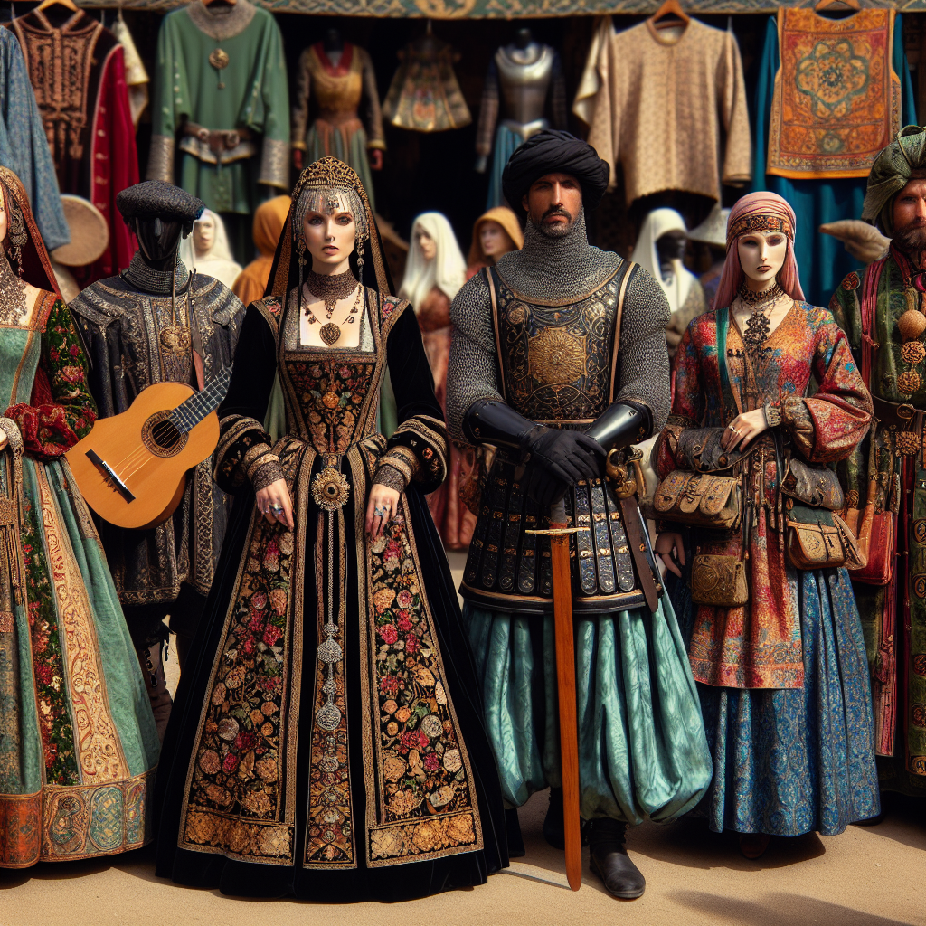 Stunning Renaissance Faire Outfits: Effortlessly Chic Imagine a variety of stunning Renaissance-era attire on display at a faire. This array includes an elegant lady in a jewel-toned velvet dress with intricate golden embroidery, a Middle-Eastern merchant in a bright silk tunic worn over contrasting harem pants, a robust black knight clad in ornately detailed plate armor, and a South Asian minstrel clad in colorful patchwork attire, equipped with a lute. In addition, there's an Asian apothecary in a practical, earth-toned outfit with numerous pouches filled with herbs. All of them exude an effortless chic that perfectly encapsulates the grandeur and fashion of the Renaissance era.