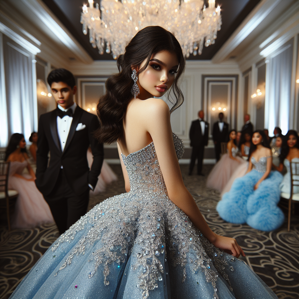 Stunning Debutante Ball Attire: Effortless Elegance Awaits An elegant scene at a debutante ball. Imagine the main subject being a young Hispanic woman gracefully stepping into the ballroom in her stunning gown, capturing everyone's attention. The dress is a shimmering, sapphire blue, adorned with fine silver crystals, adding a magical sparkle to it. It falls perfectly to the floor, making her look regal. Her hair is swept up in a stylish bun, with a few stray glossy black curls cascading down her neck. The secondary subject, a South Asian man, stands in the background in a black tie tuxedo, with immaculate detailing, which does nothing but complement his gallant demeanor. Additional details include a crystal chandelier overhead, exuding soft light and adding an atmosphere of sophistication, and guests in background in varied attire enjoying the evening.