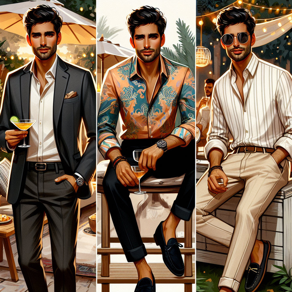 Must-Have Outfits for a Bachelor Party: Effortless Style Create a sequence of three different stylish outfits suitable for a bachelor party occasion. The first ensemble should portray a South Asian man in a smart casual blazer, a smooth silk shirt, and dark jeans, holding a cocktail in a sophisticated setting. The second outfit should feature a Middle-Eastern man in a festive colored silk shirt accessorized with a watch, black pants, and loafers, in a warm, convivial environment. The third look should represent an Hispanic man dressed in a white linen shirt, light-colored chinos, and stylish moccasins, relaxing in an outdoor party setting.