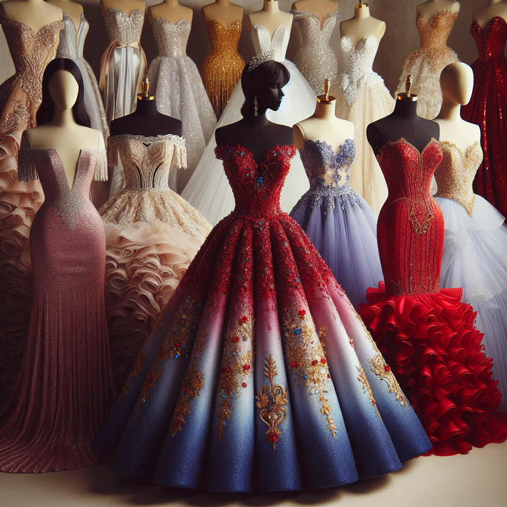 Dress to Impress: Stunning Outfits for Quinces An array of elegant and breath-taking quinceañera dresses arranged side by side. The first dress is on a mannequin, it's a royal-blue ball gown with beaded embroidery showcasing Hispanic cultural elements. Next to it is a radiant red mermaid dress adorned with sequins and ruffles, it's presented on a Black model. The third outfit is a Middle-Eastern inspired, soft lavender A-line dress with intricate golden embellishments, modeled by a South Asian woman. The final apparel is a white, flowy off-shoulder dress with lace details, displayed elegantly on a Caucasian mannequin. The background is a soft beige, focusing the attention on the dresses.
