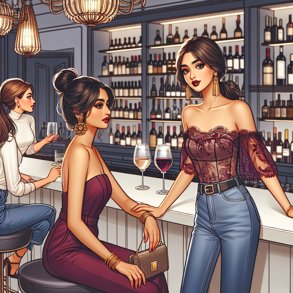 Exclusive Tips: What to Wear to a Wine Bar, Women Depict an elegant scene at a classy wine bar. Illustrate a South Asian woman seated at the bar, wearing classy chic attire suitable for a sophisticated evening – think of a stylish jumpsuit in a rich burgundy color accessorised with a pair golden earrings. Also illustrate a Caucasian woman standing and socializing, dressed in a lacy off-shoulder top paired with trendy straight-cut denim jeans accompanied by a sleek clutch purse. The setting should reflect the ambience of a wine bar featuring rows of diverse wine bottles, chandeliers, and a modern bar counter.