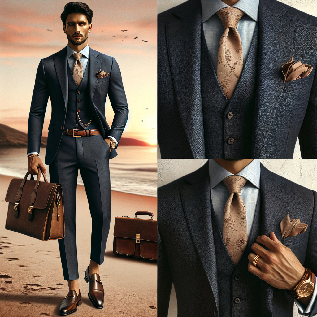 Men's Guide: Stunning Semi-Formal Wedding Attire Visual representation of a South Asian man in a semi-formal wedding outfit, looking confident and stylish. He is wearing a tailored navy-blue suit paired with a light-colored shirt, a brown leather belt, and polished loafers. Accessorized with a subtly patterned tie and a matching pocket square. He's also carrying a leather briefcase in one hand, symbolizing his professional persona. A wedding band on his finger as a sign of the occasion. A romantic background setting with a sunset over a beach is desired for the mood of the scene.