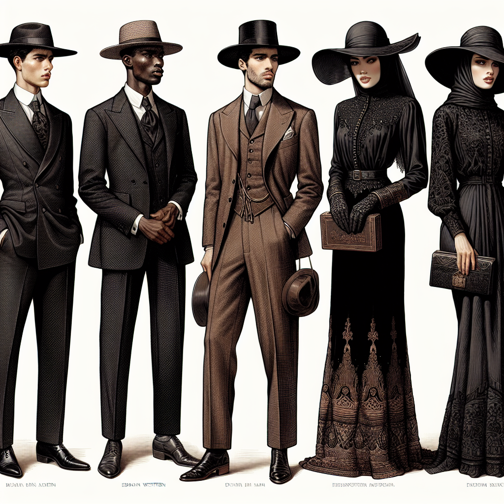 Elegant Funeral Attire 2024: Dress with Dignity Accompanying a prosaic description of mournful yet chic clothing trends for 2024, please depict a carefully curated assortment of funeral attire. Include a range of outfits, accentuating the solemn sophistication in each. The collection should feature a tasteful blend of tradition and innovation, showcasing an array of outfits befitting different genders and descents. For instance, an ebony Western-style suit complete with a hat, worn by an Asian man; a conservative black dress adorned with lace details, worn by a Caucasian woman; a Middle-Eastern woman in a dark, elegantly embroidered abaya; a Black man in a polished African dashiki in muted tones or a South Asian woman in a sublime black sari. Ensure to capture the dignity and respect inherent in each ensemble.