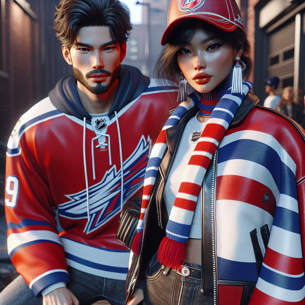 What to Wear to a Capitals Game: Effortless Guide Visualize a scene featuring a fashionable young woman of Hispanic descent and a trendy East Asian man preparing to head out for a professional ice hockey match. They are dressed in bold, team-inspired attire of red, white, and blue. The man is wearing a stylish jersey and a baseball cap with the hockey team's logo. The woman, on the other hand, sports a trendy jacket and a knitted fan scarf. The atmosphere is one of excitement and anticipation, and the background hints at a brisk winter evening.
