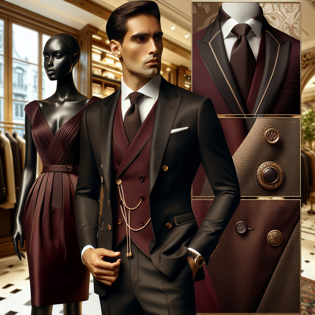 Elegant Outfits for Visitations: Dress with Dignity Visualize a series of elegant outfits suited for visitations or dignified events against a backdrop of a luxurious boutique. The first one is a tasteful black suit worn by a Hispanic man, the other is an elegant burgundy dress worn by a Black woman. The man's suit is bespoke, made of premium wool, with satin lapels. The woman's dress has a sophisticated design, with a boat neck and a knee-length silhouette, tailored from soft silk fabric. Pay great attention to the details of fabric textures, the bespoke tailoring, and the dignified style of the outfits.