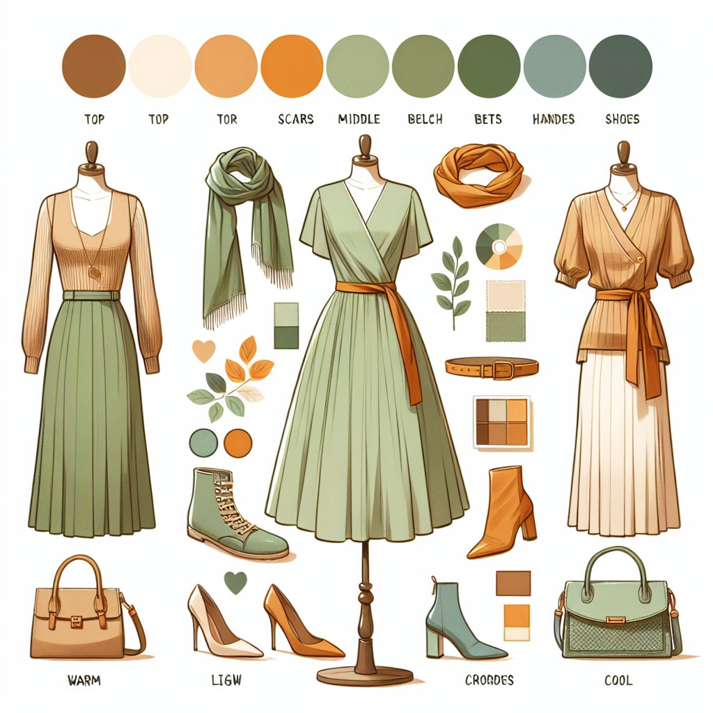 Stunning Outfit Tips: Best Colors for Light Green Dresses Showcase a visual fashion guide featuring outfit tips for light green dresses. The image should include a variety of elements: a light green dress on a mannequin, an array of complementary colored accessories like scarves, belts, shoes, and handbags around the mannequin. Use warm tones such as light browns and oranges, and cool tones such as blues and grays for the accessories. Also, display top, middle, and bottom sections with illustrative color swatches to represent best color matches. Incorporate brief text labels for color suggestions.