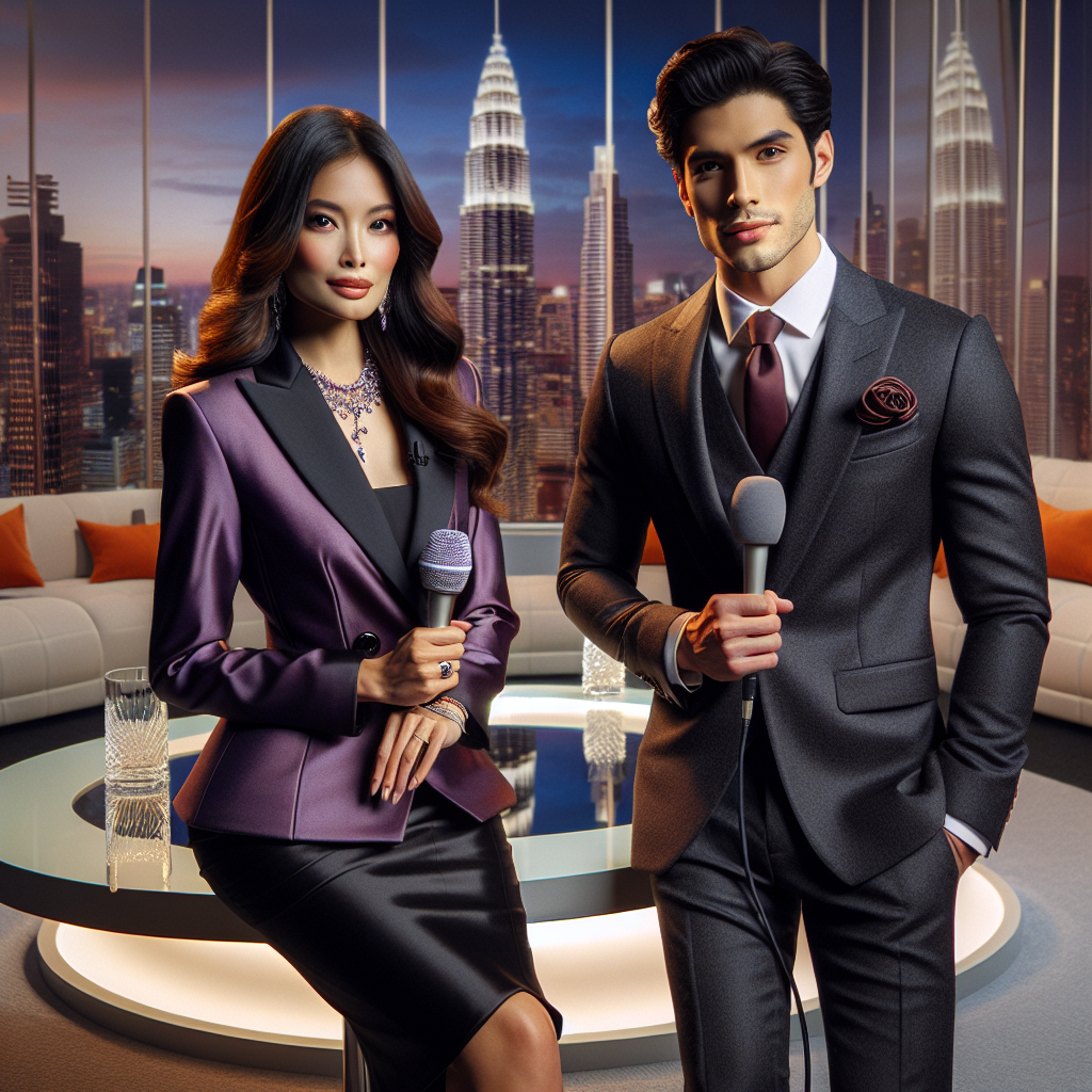 A scene showcasing an enchanting TV interview environment. In the center, a South Asian female reporter dressed in a formal purple blazer and black pencil skirt, paired with elegant jewelry, holding a microphone. On her right, an Hispanic male interviewee in a tailored charcoal grey suit, white shirt, and a tasteful crimson tie. The setting is a modern studio with soft lighting, a sleek round glass table between them, complete with a backdrop of the city skyline at twilight. Both individuals portray confidence, sophistication, and finesse.