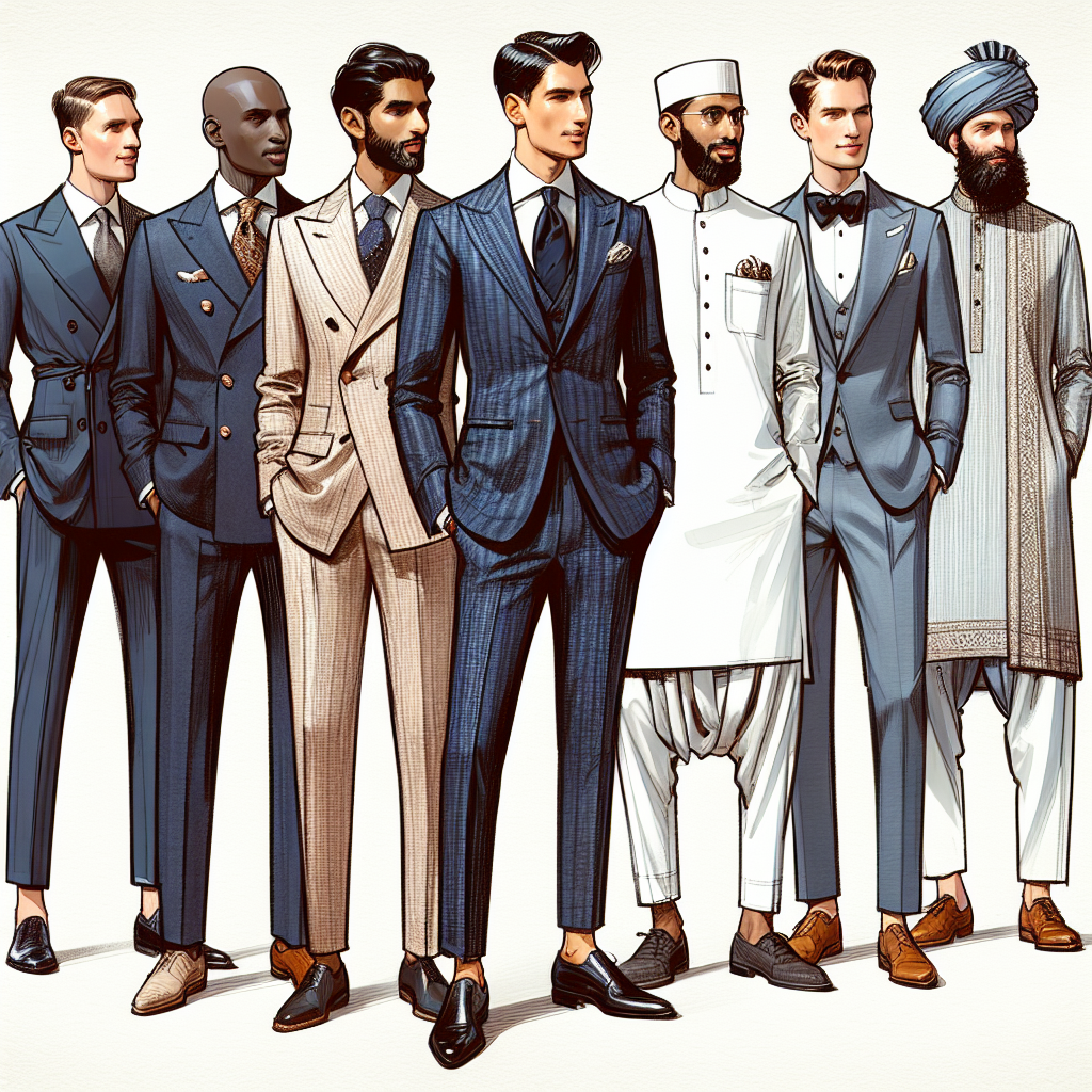 A fashion illustration style depiction of a group of men attending a wedding, showcasing diverse styles of guest attire. Each man is of a different descent: there's a Black man in a navy blue tailored suit, a Caucasian man in a classy linen suit, a Middle-Eastern man in a traditional kurta set, a Hispanic man in a sharp tuxedo, and a South Asian man in a stylish nehru jacket ensemble. This scene captures the elegance, variation, and sophistication in men's wedding guest attire.