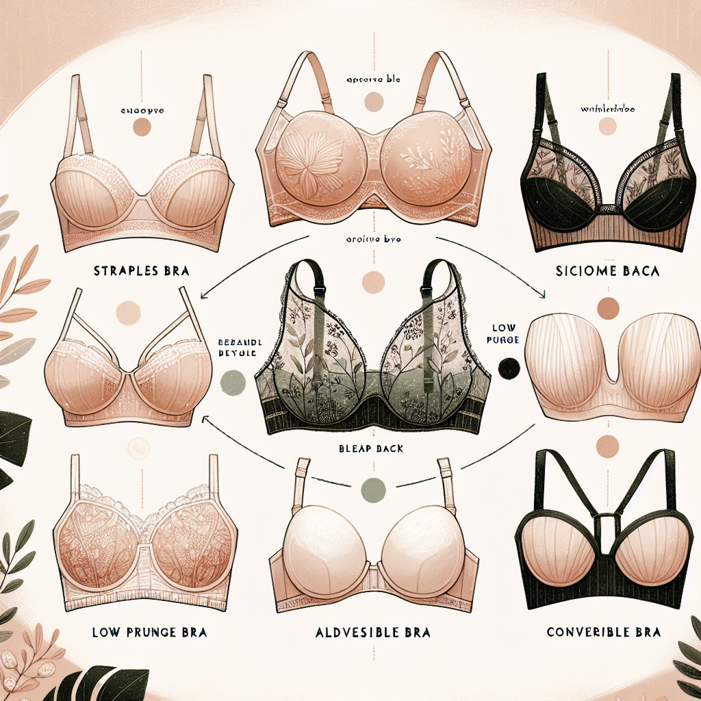 Must-Have Bras for Halter Tops: Best Styles Unveiled Imagine a style guide illustration for an article on essential bras for halter tops. Picture five different types of bras arranged in a semi-circle. Each one is designed to be worn with a halter top and is visually unique. On one side, visualize a strapless silicone bra in delicate peach color. In the middle, imagine a clear back bra with intricate lace detailing, dyed in a soft rose color. Beside it, picture a creatively designed adhesive bra in a neutral beige color. Further, imagine a low plunge bra in refreshing mint color. And finally, on the other end, visualize a convertible bra in elegant black, proving a staple in any wardrobe. The surroundings are a muted, monochrome color palette to focus the attention on the bras.