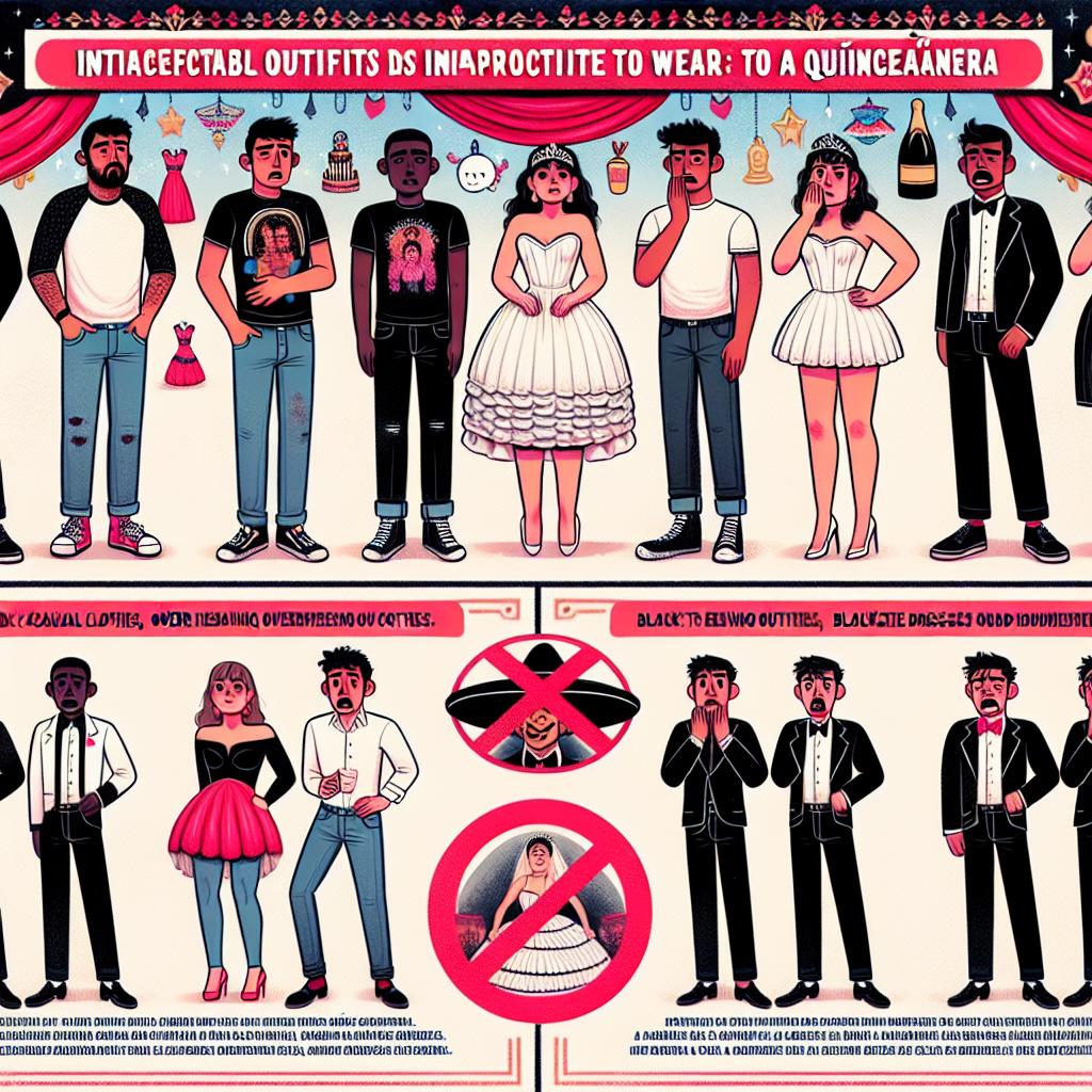 What to Never Wear to a Quinceañera: Must-Know Tips An informative illustration showing various outfits that are considered inappropriate to wear to a Quinceañera. On one side, display a group of people in unacceptable attire such as overly casual clothes (jeans, t-shirts), overly revealing outfits, or overly formal attire (black-tie dresses and suits). Each person should have different gender and descent - one should be a Hispanic man, a Caucasian woman, a Middle-Eastern woman, and a Black man, all appearing shocked or surprised. On the other side, show a sign with a large red cross over these outfits and text explaining why they're inappropriate for such occasions. Include a background that suggests it's a festive time, with decoration related to a Quinceañera.