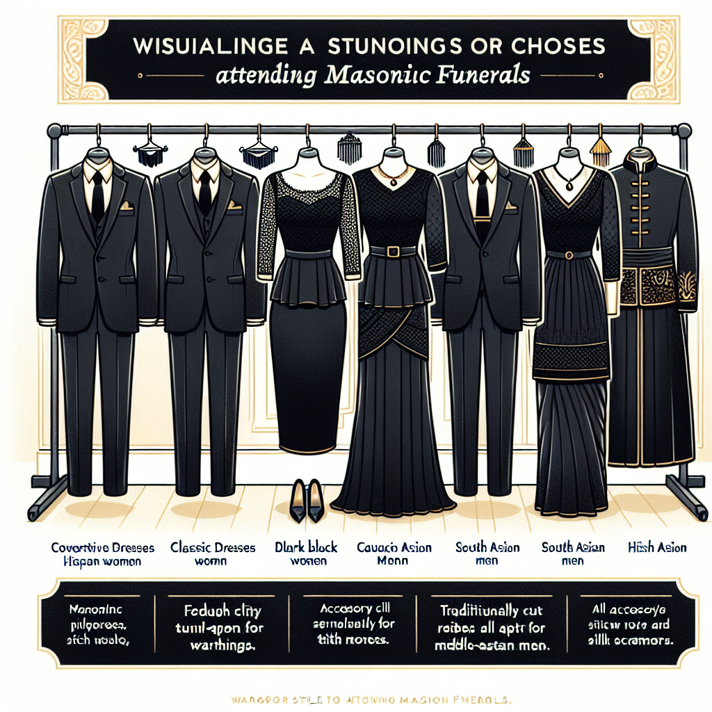 Stunning Outfits for Masonic Funerals: Dress Perfectly Visualize a clothing store rack filled with stunning outfit choices for attending Masonic funerals. Ensure to display a range of wardrobes that include conservative black dresses elegantly styled for Hispanic women, classic dark suits tailored neatly for Caucasian men, formal black sari suitable for South Asian women, and traditionally cut black robes apt for Middle-Eastern men. The outfits should be highlighted perfectly, emphasizing high-quality fabrics, intricate stitch details, and accessory pairings like ties, cufflinks, and silk scarves all in appropriate mourning colours.