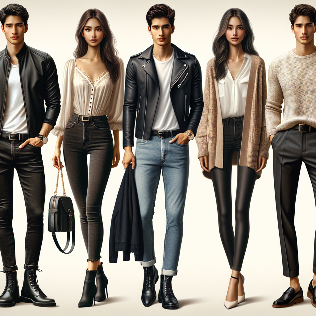 Fashion Week Style: Must-Have Looks for Movie Dates A comprehensive showcase of fashion outfits ideal for movie dates. First, a young Asian man wearing a trendy black leather jacket, a white fitted shirt beneath, and dark blue jeans. He paired it with black boots and a watch. Second, a Middle-Eastern woman in a casual chic outfit, a neutral-toned blouse paired with high-waist jeans, accessorized with a thin gold chain necklace. The third is a Hispanic woman in a cozy sweater, black leggings, and ankle boots. The last is a Black man dressed in a comfortable stylish ensemble, a loose-fitted shirt, tailored pants and loafers.
