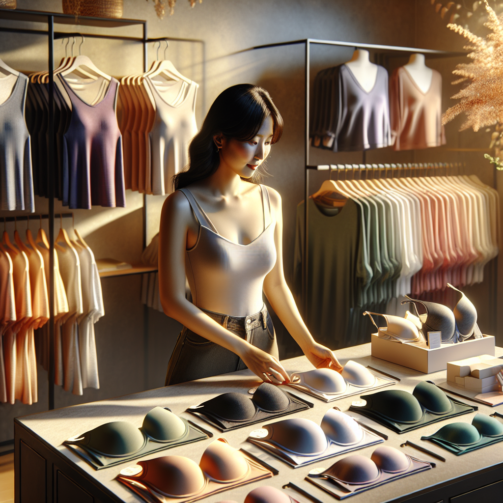 Square Neck Tops: Find Your Perfect Bra Match! Display a serene scene in a boutique store, showcasing an array of square-neck tops in a stunning spectrum of colors. Nearby, a variety of bras in different styles and shapes, specifically recommended for square-neck tops, can be seen artistically arranged. The shirts and bras should have a modern, trendy vibe. Include two shoppers—one Asian woman with a casual approach, browsing through the tops, and a Black woman with a fashion-conscious demeanor, meticulously examining the bras. The setting should provide a perfect blend of warm lighting and soothing aesthetics, inspiring a sense of comfort and style.