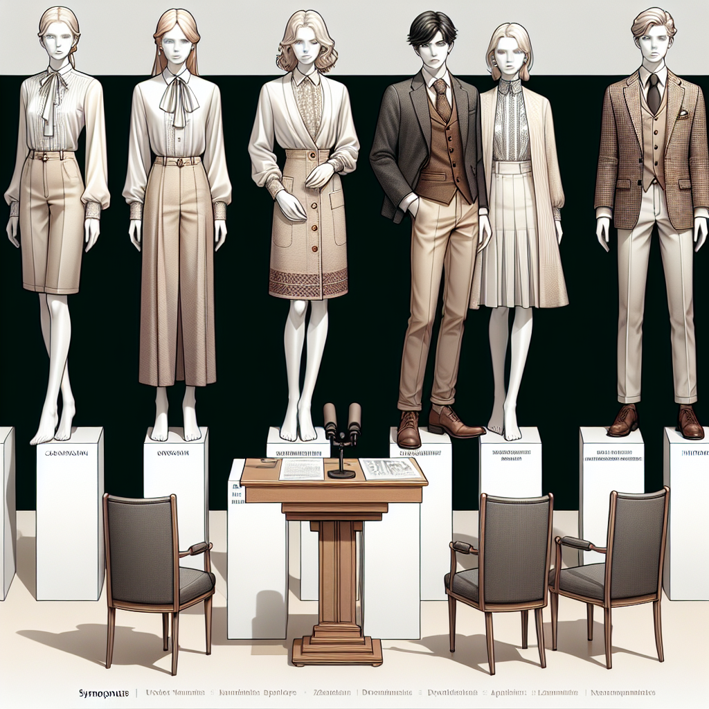 Stunning Styles: Best Underlayers for Symposiums Visualize a variety of sophisticated underlayer clothing items suitable for symposiums. Show diverse options such as chic blouses for a Caucasian female biologist, a stylish waistcoat for a Black male historian, an elegant kurta for a South Asian female philosopher, etc. Display these items in a fashion-oriented ensemble, with the outfits neatly arranged on pristine white mannequins, against a neutral background. The scene should also include some symposium-related paraphernalia such as a podium, microphone, and chairs to contextualize the setting.