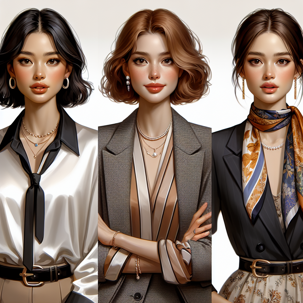 Effortless Zoom Interview Styles for Women: Must-Have Looks Create an image representing three different styles fashionable women can adopt for a Zoom interview. The first woman is a brunette of Asian descent, wearing a trendy mono-color blouse that reflects professionalism. The second woman is a redhead of Caucasian descent, in a stylish blazer and chic jewelry that adds a touch of personality to her look. The third woman is a brunette of Middle-Eastern descent, with a silk scarf elegantly worn around her neck above a casual but classy dress. They should all be posed as if they're on a Zoom call, displaying confidence and readiness.