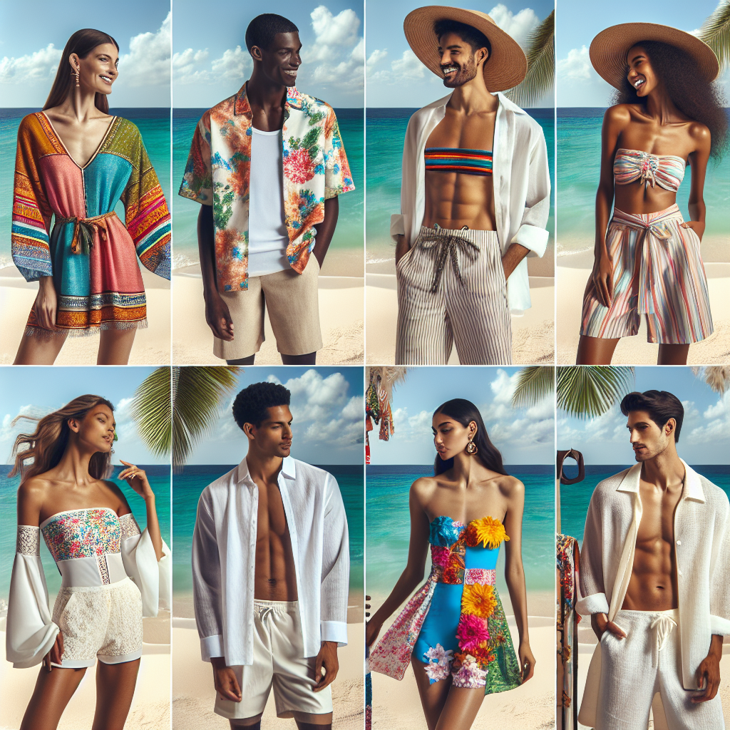 A display of five essential beach photoshoot outfits. The first outfit is a vibrant beach kaftan worn by a Caucasian woman. The second is a stylish Hawaiian shirt and shorts ensemble worn by a Black man. The outfit three showcases a colorful bikini adorned by a South Asian woman. The fourth look is a classic all-white linen suit worn by a Middle-Eastern man. The fifth outfit is a playful, floral one-piece swimsuit styled by a Hispanic woman. All are interacting cheerily, the backdrop comprised of a sunny beach scene with clear blue skies and palm trees.