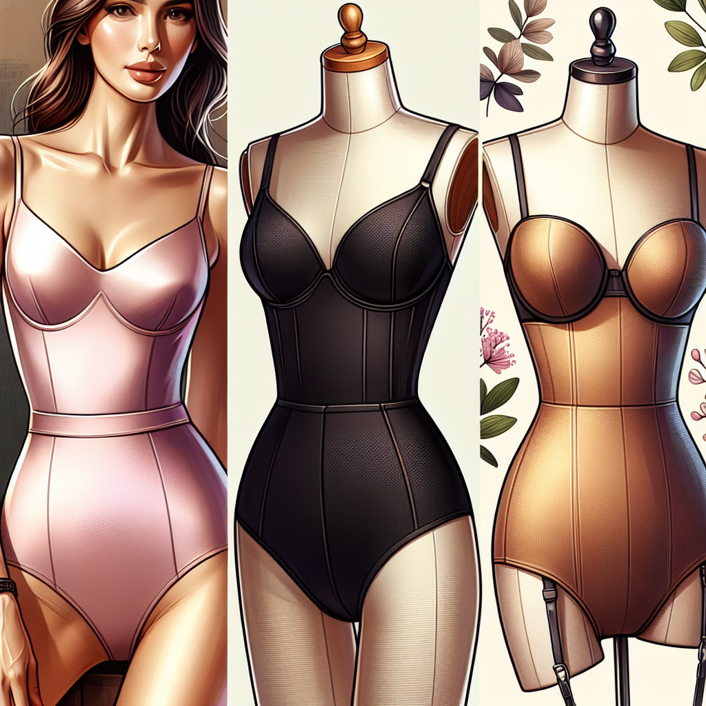 Must-Have Styles for Under Strappy Dresses Create a highly detailed and vibrant image featuring three stylish and fashionable undergarments suitable for wearing under strappy dresses. The first is a light pink, seamless bodysuit worn by a Caucasian woman; the second is a black, high-waist shape wear displayed on a dress form; and the third is a tan, strapless bandeau bra held by a South Asian woman. Highlight the elegant design, comfort and good fit of these pieces that make them a must-have for under strappy dresses.
