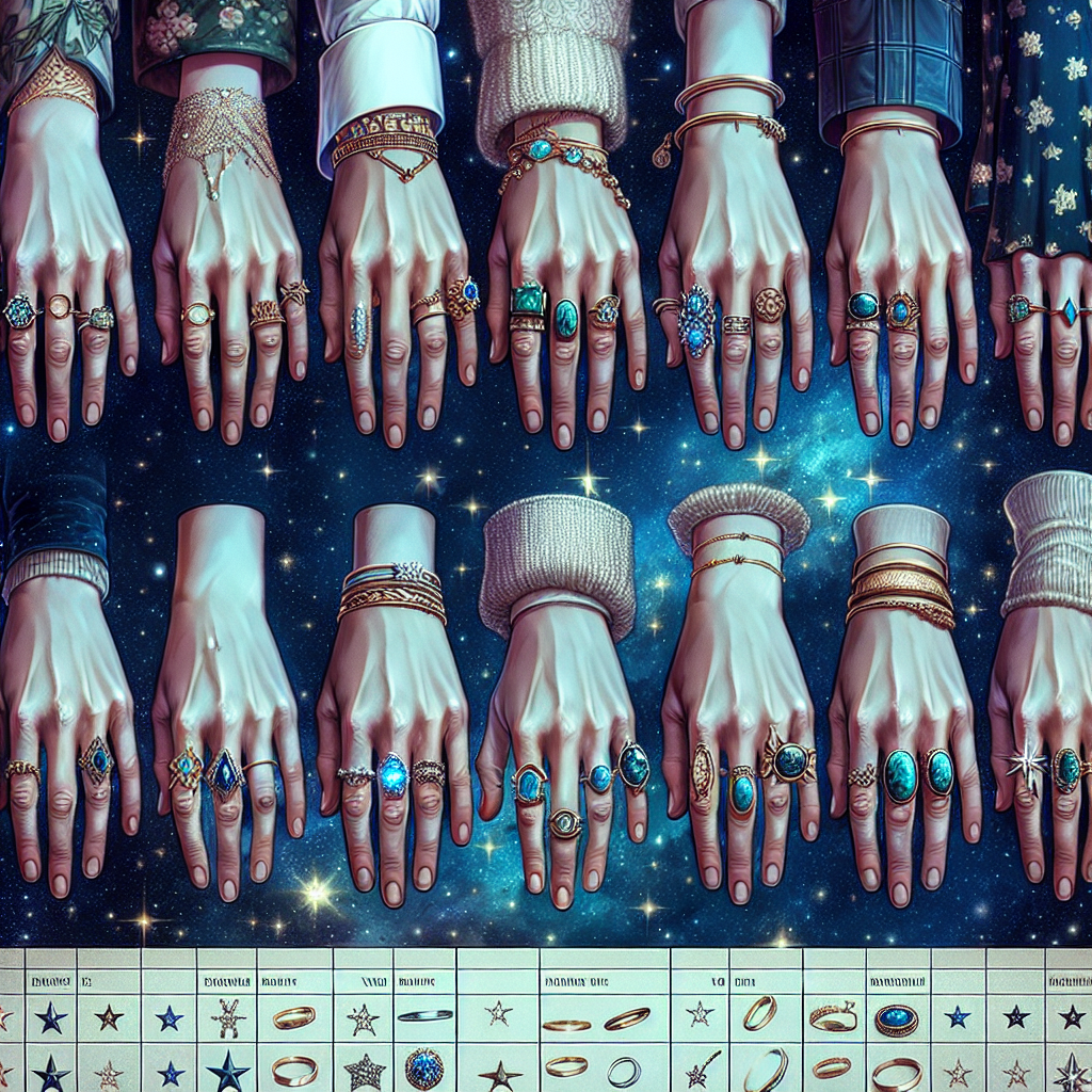 Unlock Secrets: What Each Ring Finger Reveals Create a detailed image featuring a row of hands, each displaying a unique ring on the ring finger. The hands should be of varying ages, genders, and ethnicities - from a young Caucasian woman with a delicate gold band to a mature Middle Eastern man flaunting a chunky turquoise ring. The backdrop should be a myriad of stars and galaxies, symbolizing a celestial vault of secrets. Accentuate the mood with hues of deep midnight blue interspersed with sparkling silver stars. Segregated sections should succinctly explain each ring's meaning.