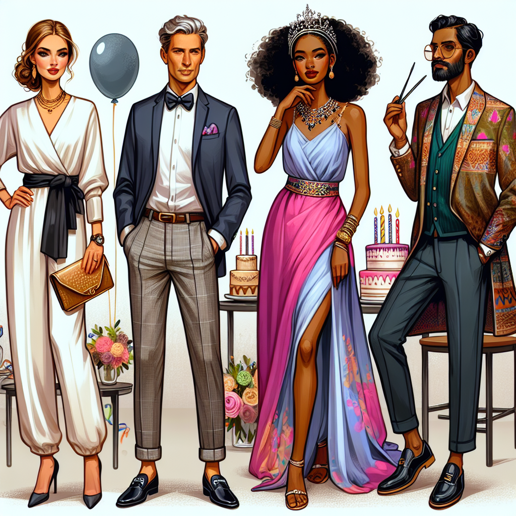 Stunning Outfits for a 60th Birthday Party: Effortless Style Create an illustration for an article about fashion choices that are elegant and effortlessly stylish, oriented for a 60th birthday celebration. Showcase four varied characters, each donning a different outfit. Picture a Hispanic woman in a classy jumpsuit with a sophisticated clutch, a Caucasian man in a sharp blazer and chic loafers, a Black woman in a vibrant flowing dress with ornate jewelry, and a South Asian man in an artistically modern interpretation of traditional attire. Complement their attire with birthday party decor such as balloons and a cake in the background.
