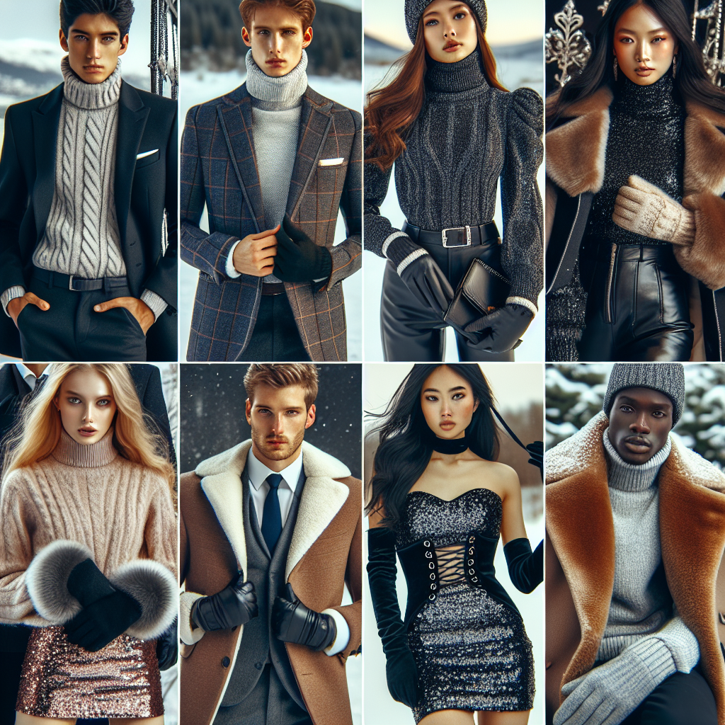 An array of stunning outfits suitable for date nights in winter. Close-up view of a turtleneck sweater and a well-tailored blazer on a Caucasian woman, paired with chic gloves. On a Middle-Eastern man, a stylish peacoat with a warm woolen scarf. A South Asian woman wearing a sparkling sequin dress under a warm faux fur coat. A Black man in a sleek knit sweater and a sharp, fashionable overcoat. Each person accessorized with winter boots and hats, all displayed against a snowy landscape backdrop.